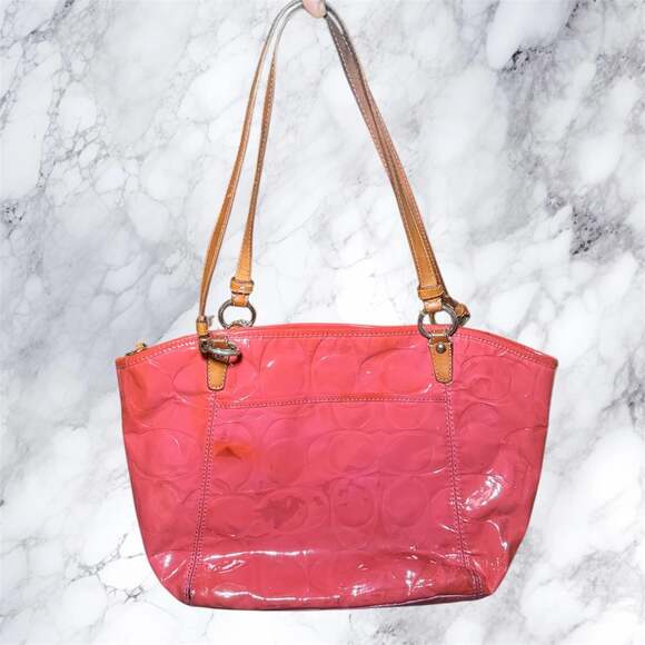 Coach Patent Leather Signature Tote Bag Pink Coral Shoulder Bag Turnlock F14663 - Picture 3 of 7